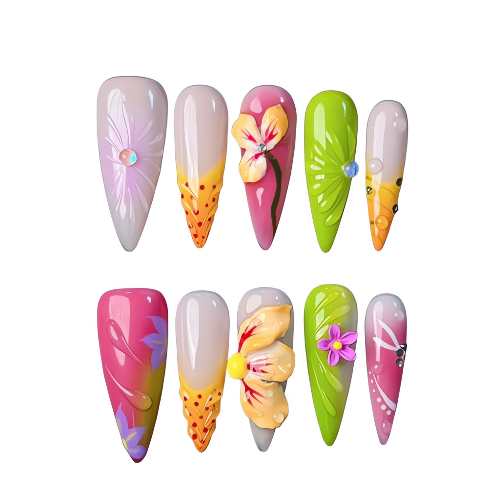 P051 Sunset Garden 3D Floral Press-On Nails Handmade Nails
