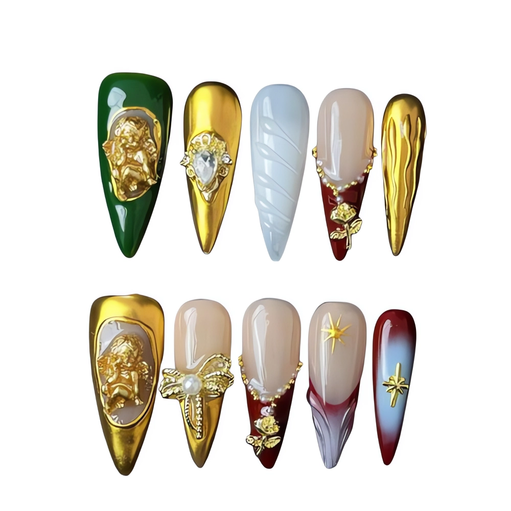 P054 Luxury Gold and Red Press-On Nails with 3D  Pearl Accents