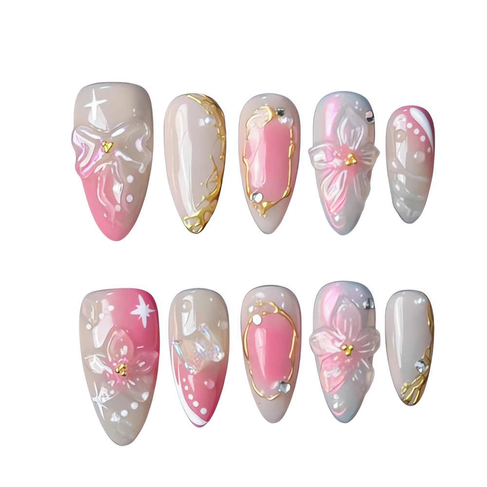 P059 Elegant Pink Bow & Floral Nail Art Set Handmade Nail