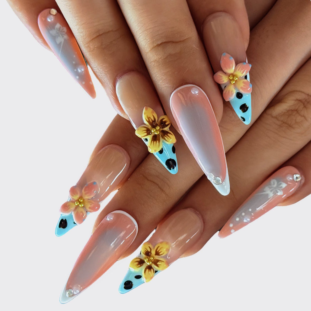 P064 Blossom Dreams Floral Nude Nails with 3D Flower Design