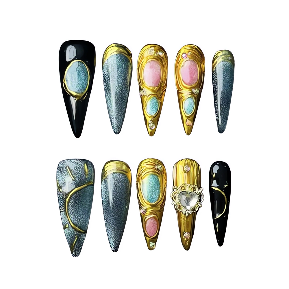 P065 Metallic Gold and Black Galaxy Nails with Gemstone