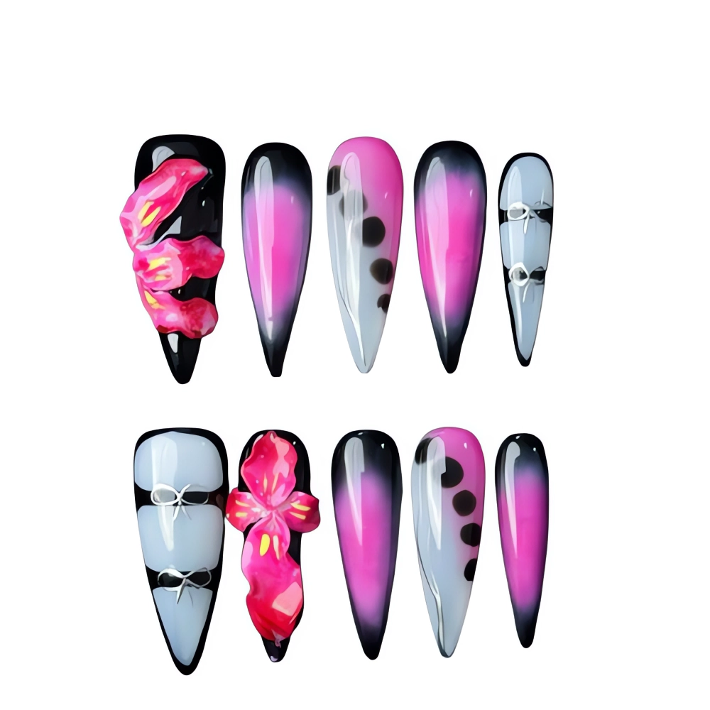 P066 Hot Pink Edge Ombre Nail Art Set Flower Nail Extensions