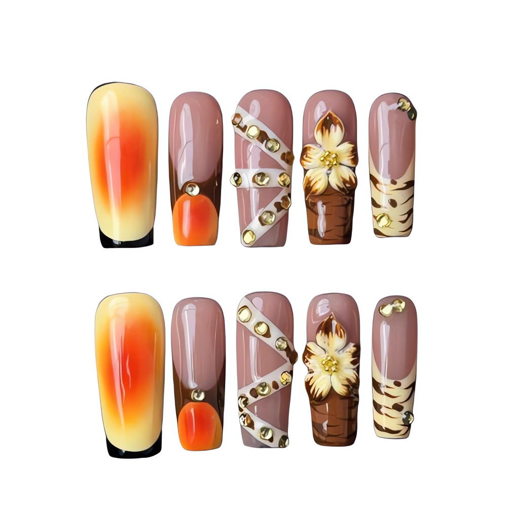 P072 Caramel Sunset Luxury Nail Art Set Gradient Press On Nails
