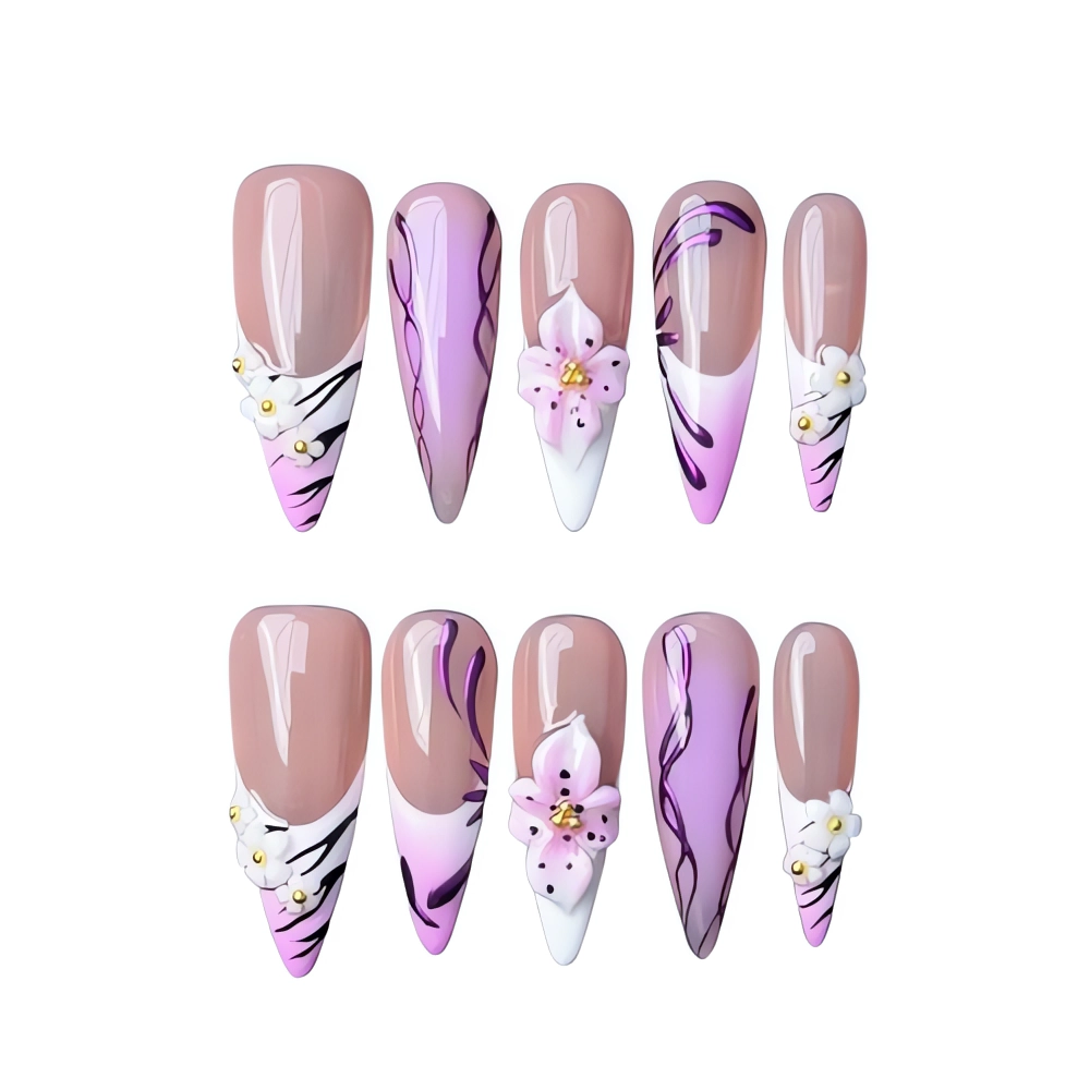 P077 Pink and Lilac French Tip Press-On Nails with 3D Floral Design