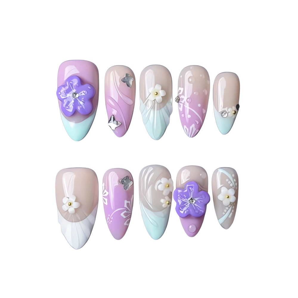 P078 Lavender Pastel 3D Flower Press-On Nails  Summer Nail Art