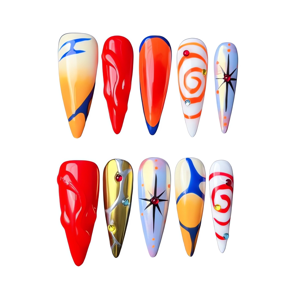 P079 Swirl Pop Retro Red and White Nail Set with Abstract Patterns