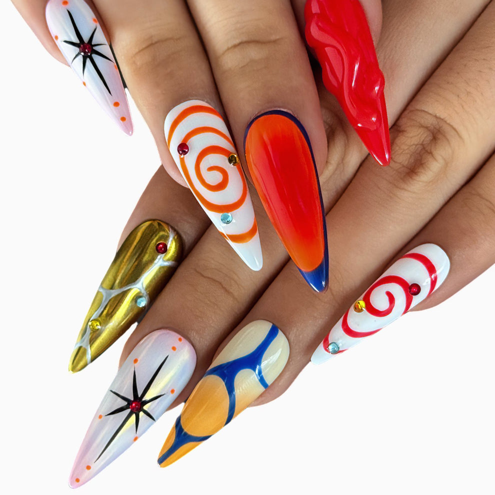 P079 Swirl Pop Retro Red and White Nail Set with Abstract Patterns