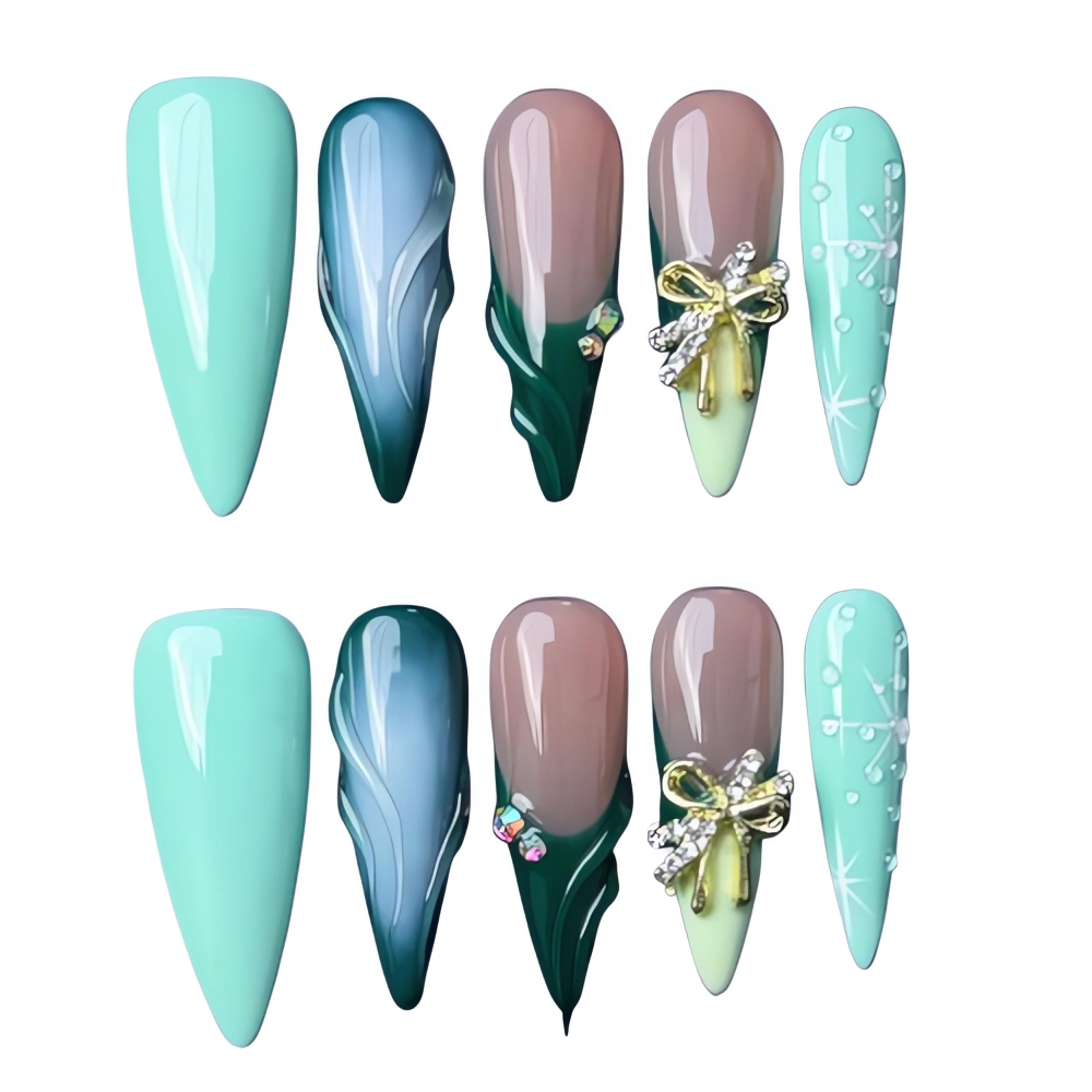 P090 Elegant Green Bow Butterfly& Chrome Stiletto Press On Nails