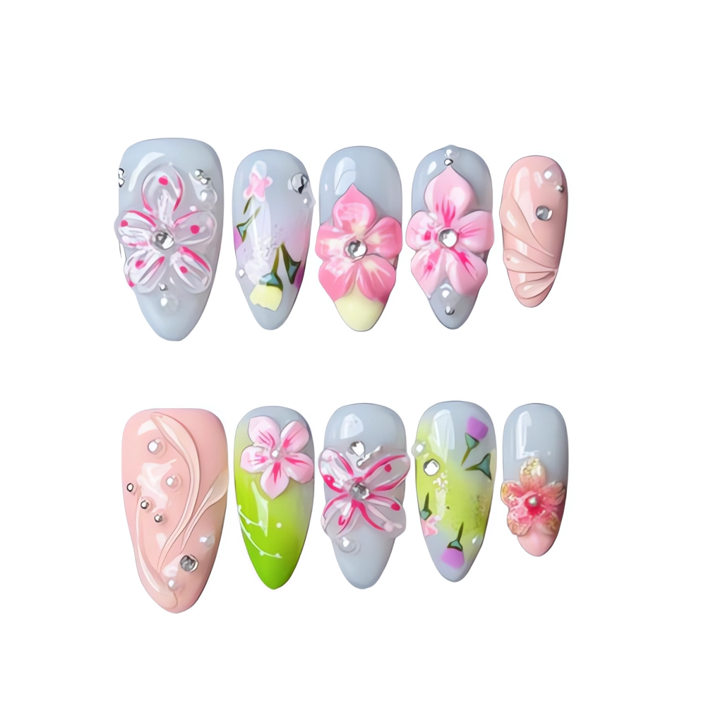 P098 Pink Blossom Crystal Nail Art Set Handmade Reusable Nail