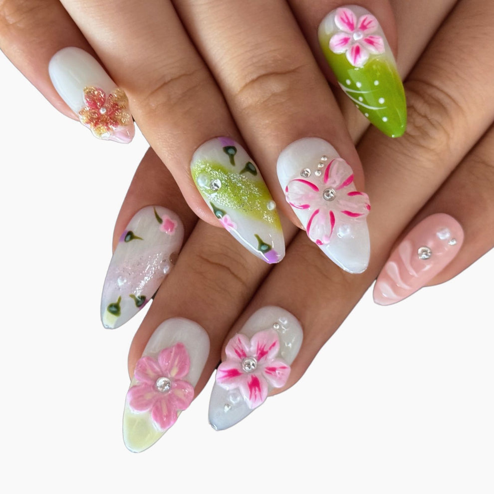 P098 Pink Blossom Crystal Nail Art Set Handmade Reusable Nail
