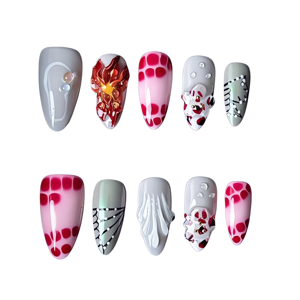 W017 Ocean Theme Nail Red & White 3D Abstract Press-On Nails