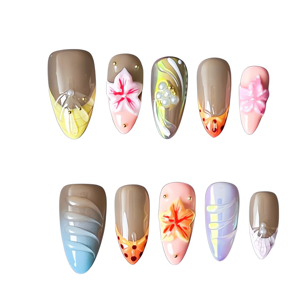 W037 Tropical Sunset 3D Flower Press-On Nails Ocean Wave Nails