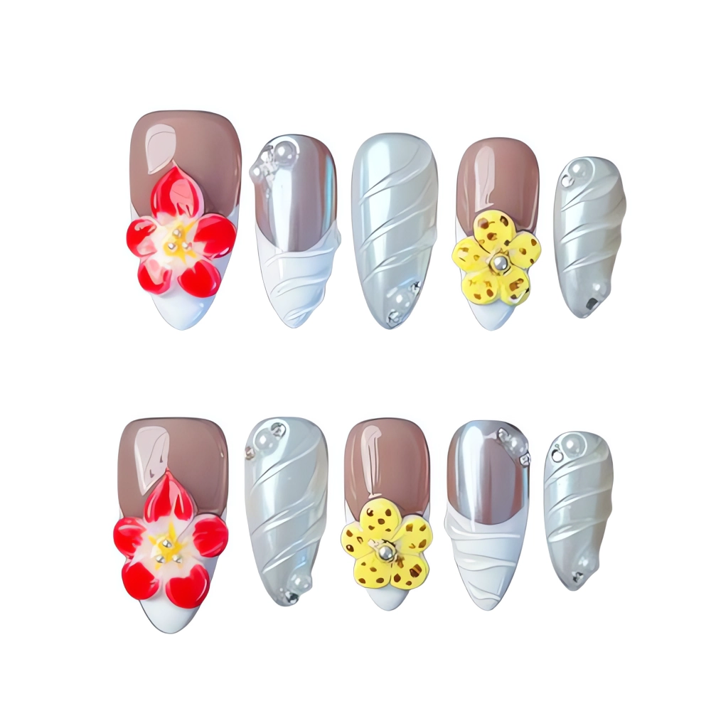 W046 Pearl Chrome 3D Flower Press-On Nails elegant nail art