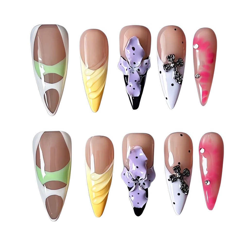 W052 High-Shine Chrome Pink Nude Press-On Nail Floral Stiletto Nails