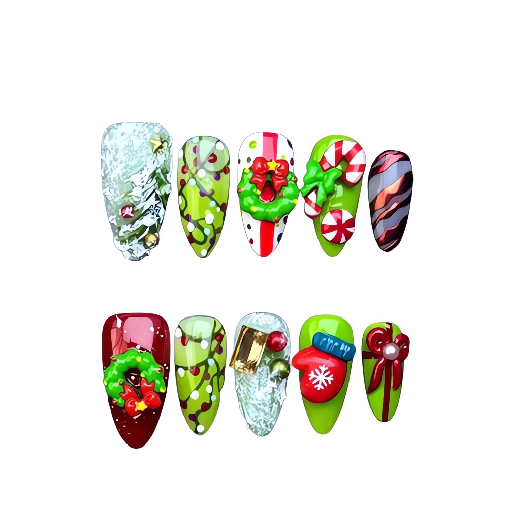 Uñas postizas navideñas con brillo de Papá Noel