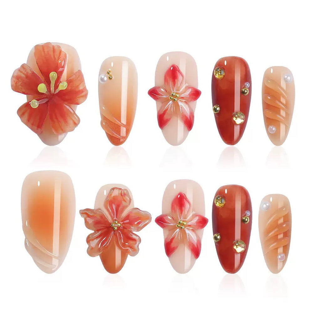 A4 Coral Red 3D Flower Press On Nails Elegant Nail Art Set