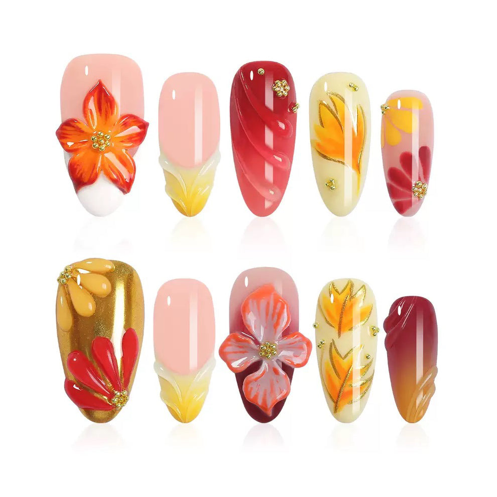 A3 3D Autumn Glow Floral Nails Golden Sunset Press On Nails