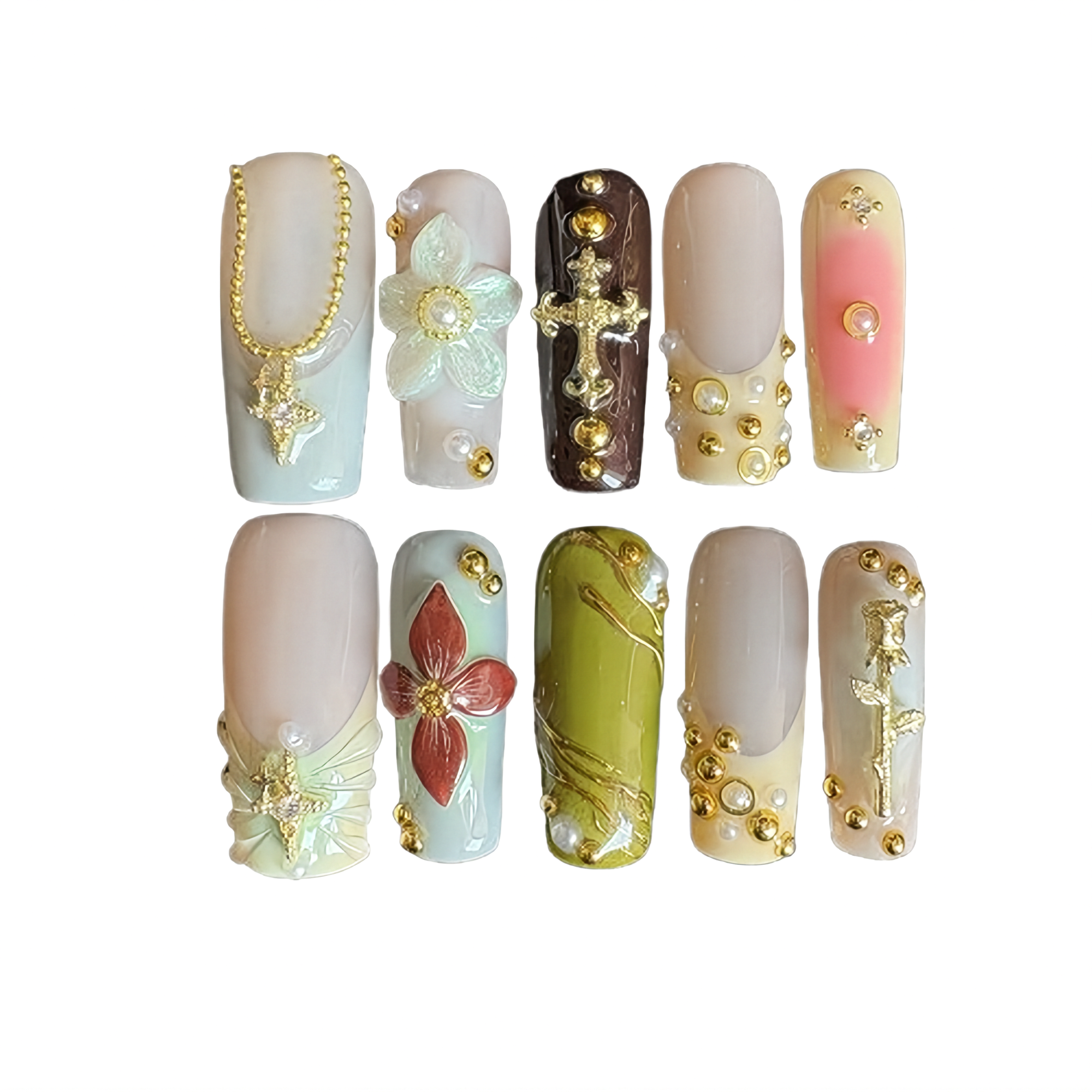 Luxury Floral Pearl Press On Nails Golden Elegant Long Nails